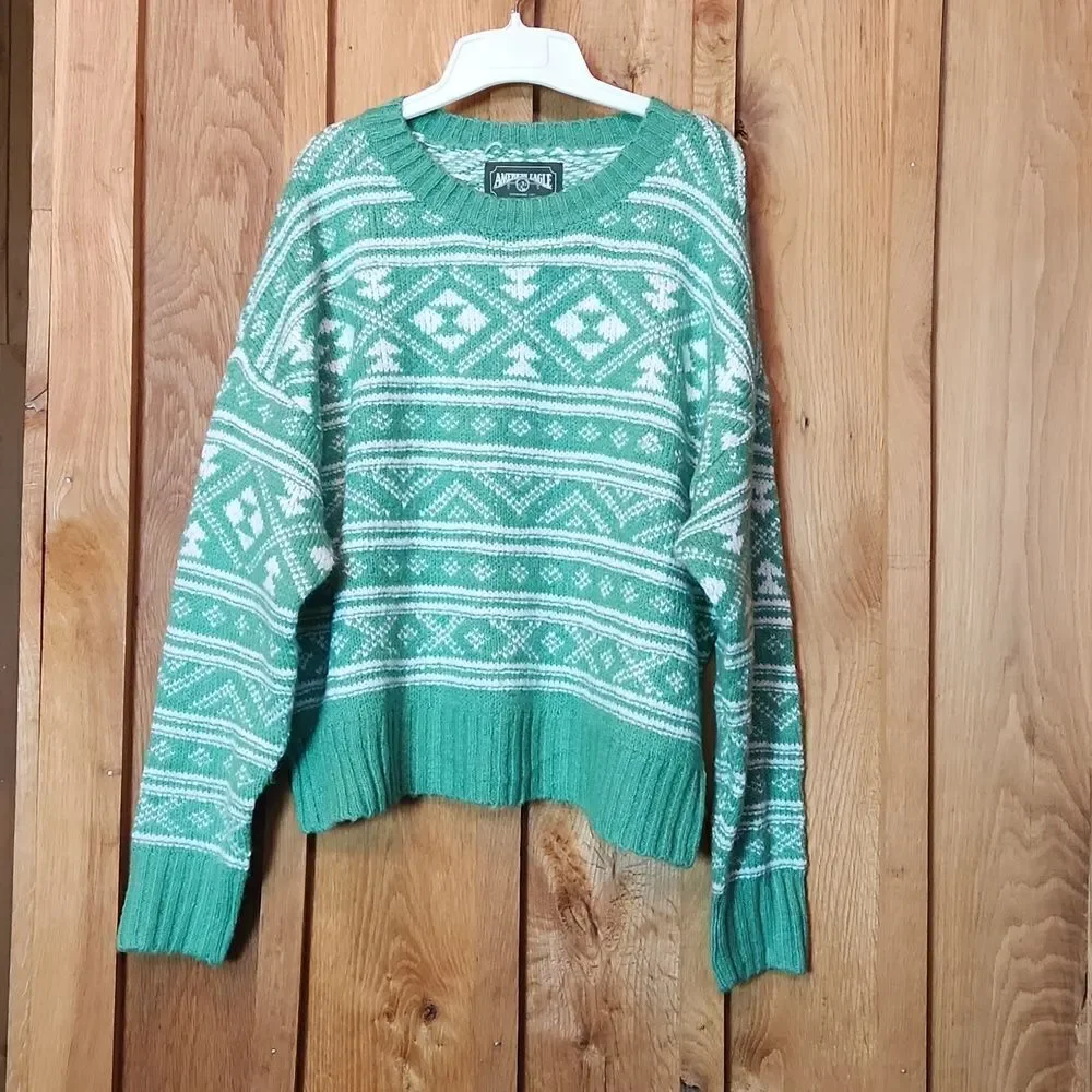 American Eagle Crew Neck Oversized Knit Sweater, Medium, Holiday Green & White